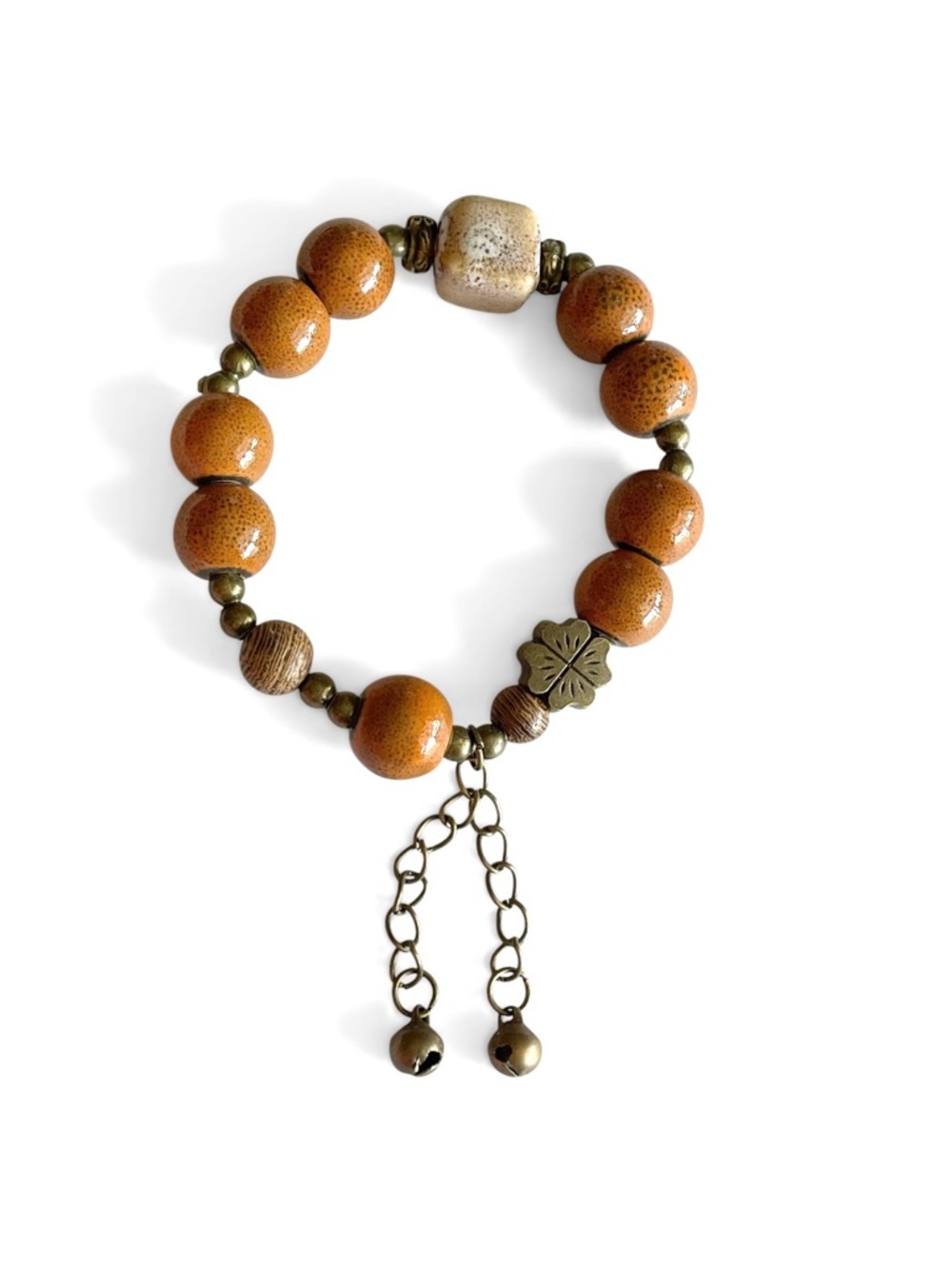 Jingle Bells Bracelet Terracotta Orange Speckled Ceramic Boho Beaded Stretchy